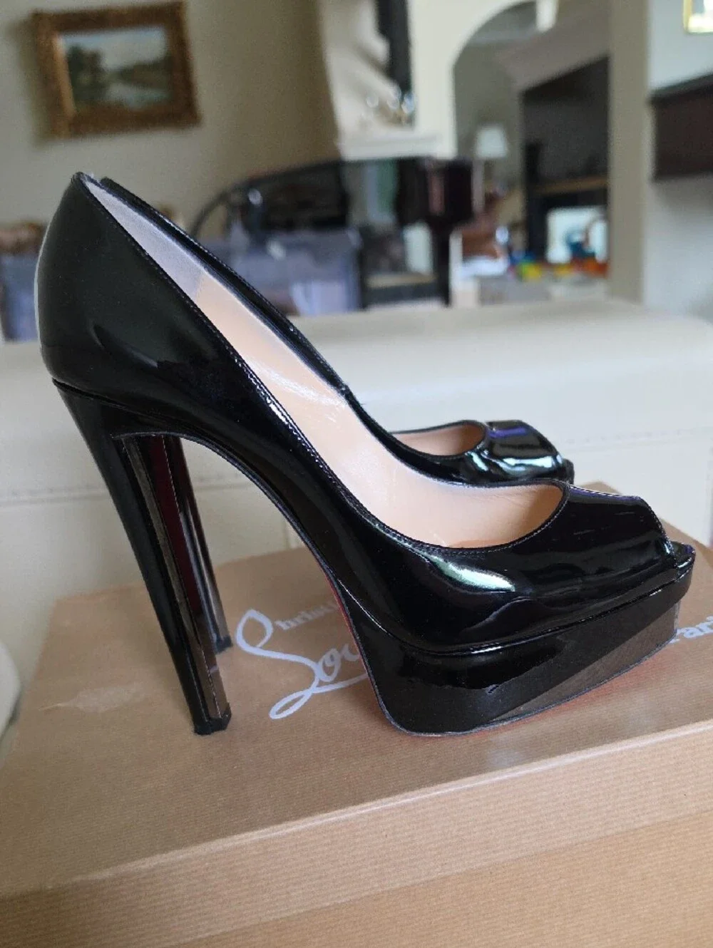 Christian Louboutin Black Patent Peep-Toe Platform Heels